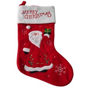 Santa Christmas Stocking Embroidered Felt Red White GUC